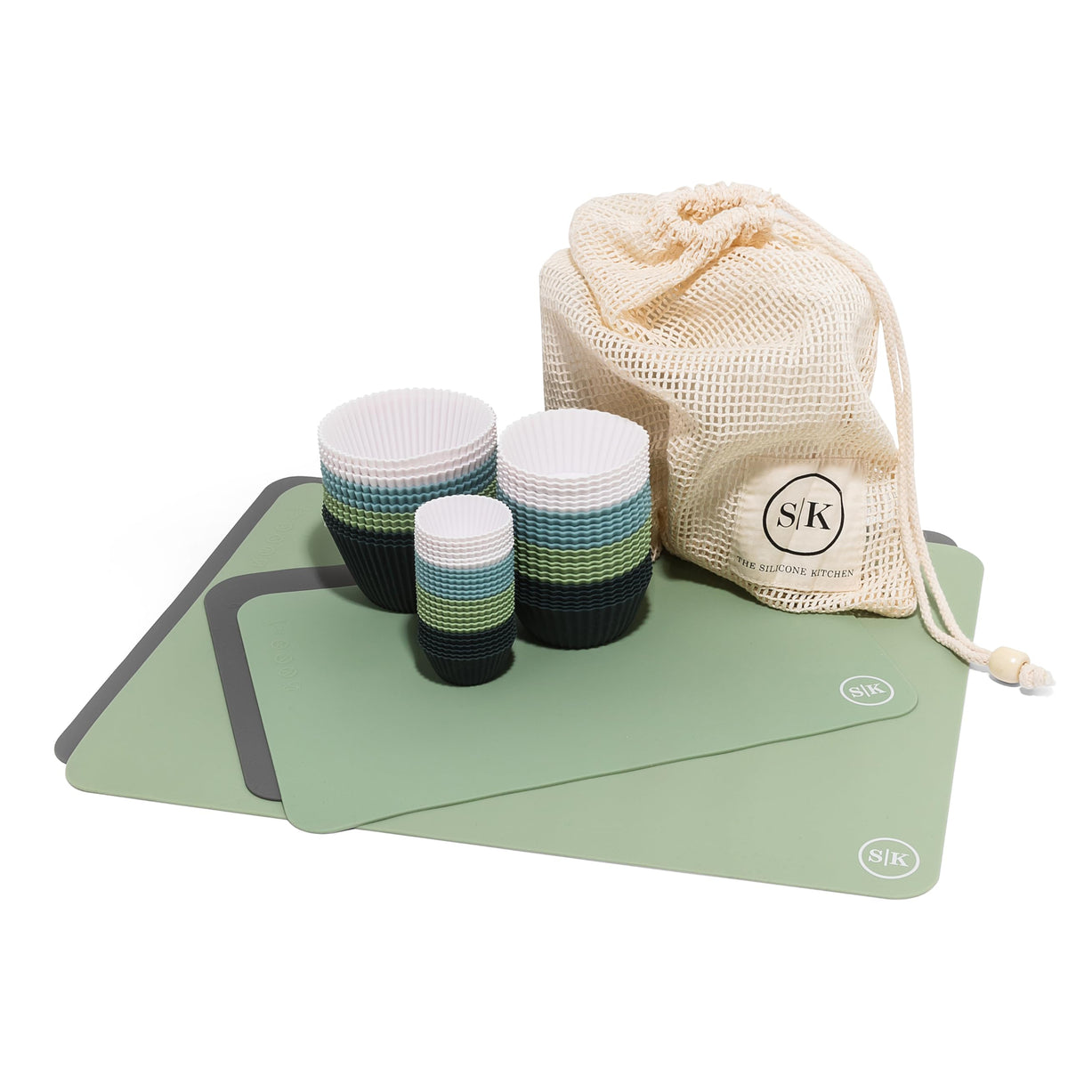 The Silicone Kitchen Reusable JUMBO Silicone Baking Cup, Non-Toxic, BPA Free, Dishwasher Safe, Jumbo, 12 Pack, White Blue Green