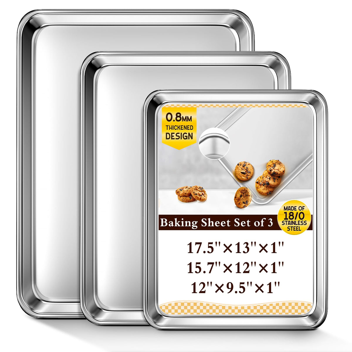 Baking Sheet Set of 2, Commercial Grade Stainless Steel Cookie Sheets for Baking, 18 x 13 Inch Thicker Large Baking Pans Oven Tray, Warp Resistant Nonstick Half Sheet Pan, Nontoxic & Heavy Duty