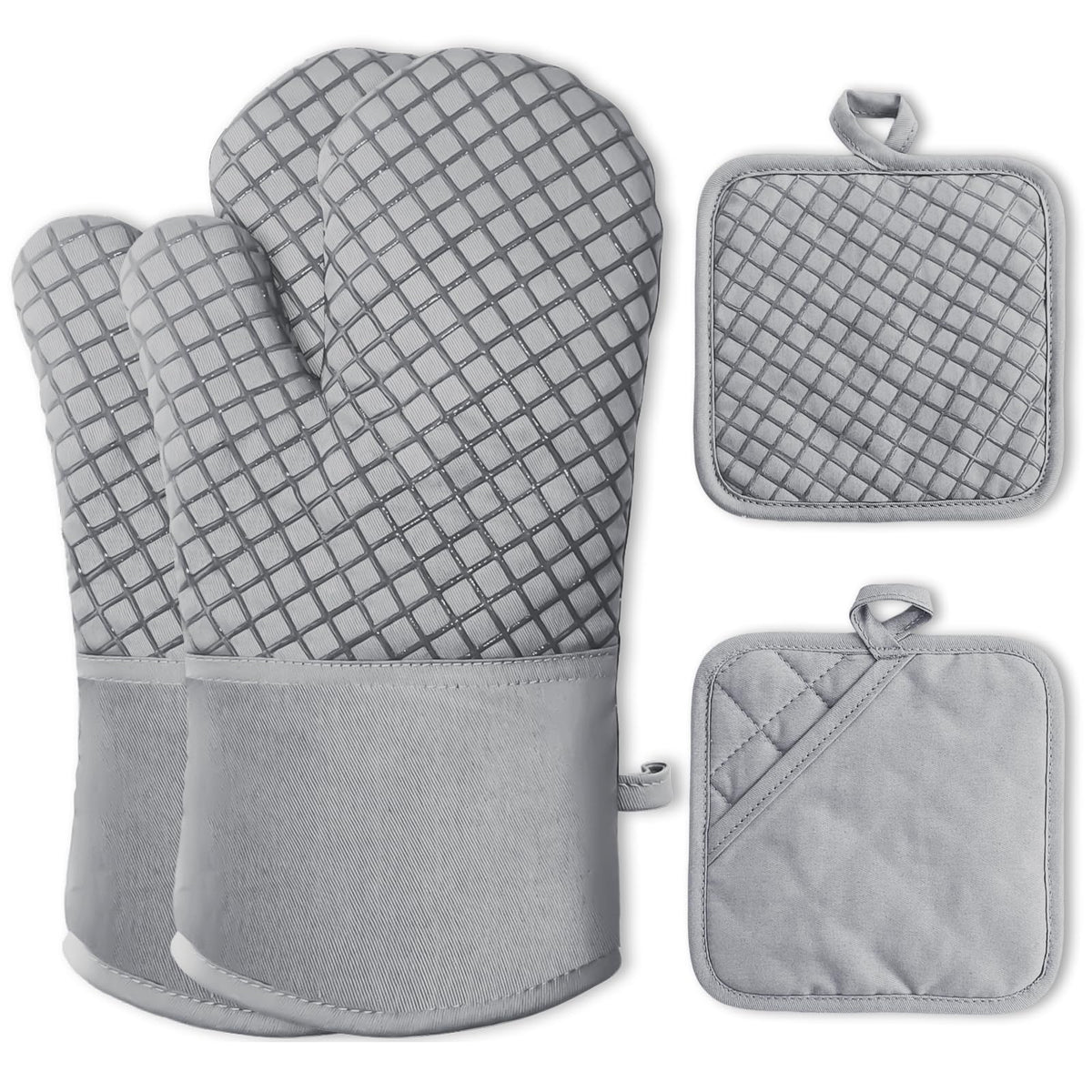 4 Pcs Oven Mitts and Pot Holders,500°F High Heat Resistant Kitchen Oven Mitts with Pot Holders,Long Oven Mitts with Recycled Cotton Infill and Silicone Non-Slip Surface for Baking and Cooking(Grey)