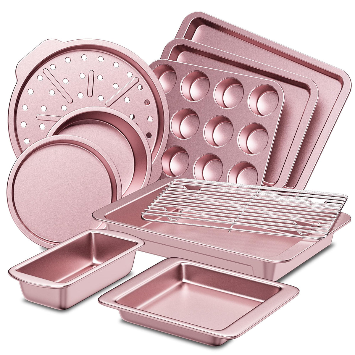 HONGBAKE Bakeware Sets, Baking Pans Set, 12 Pieces Nonstick Oven Pan with 120 Muffin Liners for Kitchen, Wider Grips, Including Rack, Cookie Sheet, Cake, Loaf, Muffin, Pizza Pan - Gray