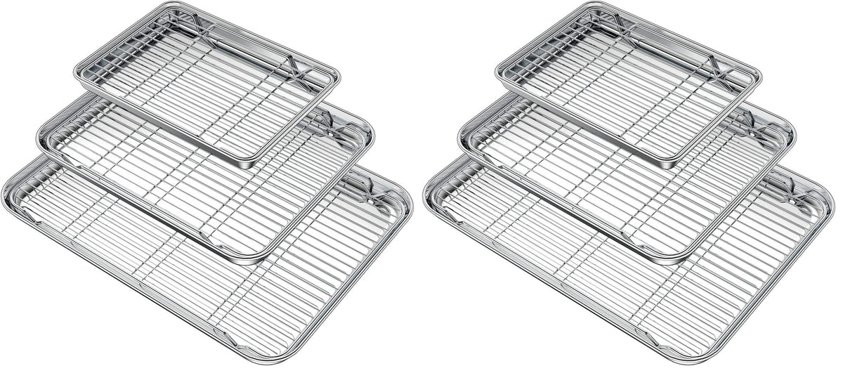 Wildone Baking Sheet with Rack Set (3 Pans + 3 Racks), Stainless Steel Baking Pan Cookie Sheet with Cooling Rack, Non Toxic & Heavy Duty & Easy Clean