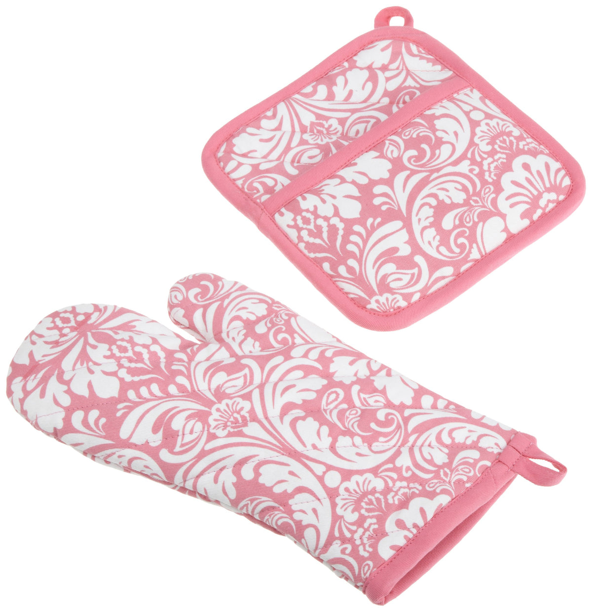 DII Quilted Kitchen Oven Mitt & Potholder Set, Hanging Loop for Convenient Storage, OM 6.5x12/PH 8x8.5, Black Damask Print, 2 Piece