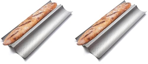 KITESSENSU Nonstick Baguette Pans for French Bread Baking, Perforated 2 Loaves Baguettes Bakery Tray, 15" x 6.3", Silver