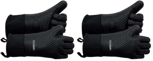 GEEKHOM BBQ Gloves Heat Resistant, 13.7 Inch Long Waterproof Silicone Oven Mitts for Grilling and Smoker, Non-Slip 5 Finger Kitchen Hot Mitts for Baking, Cooking & Cast Iron, Black