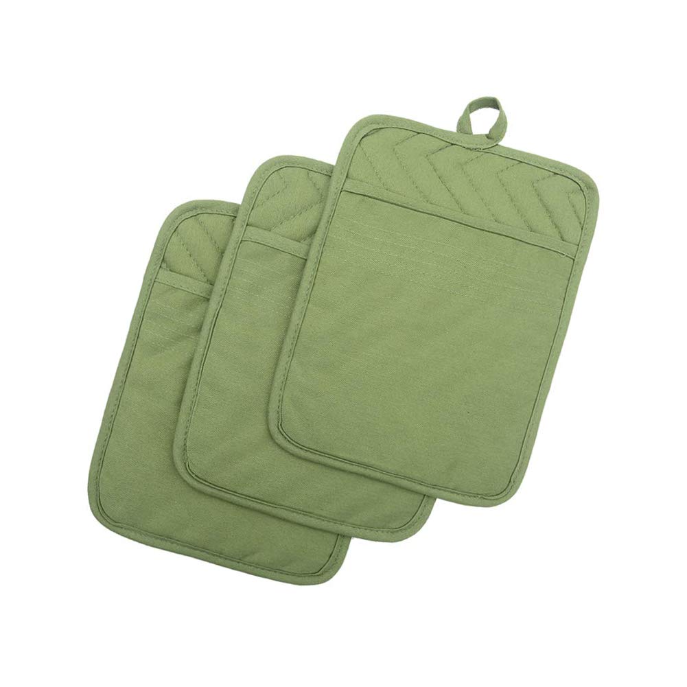 Anyi Pot Holders and Oven Mitts 7" X 9" Heat Resistant Cotton Pocket Pot Holder Set Feature of Non Slip Kitchen Hot Pad Oven Mitts, 3-Pack (Hunter Green)