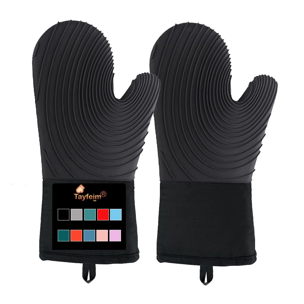 Silicone Oven Mitts-13.6 in Extended Oven Mitts Heat Resistant 500F, Oven Gloves with Soft Liner Good Grippy BPA-Free Easy to Clean Flexible-Oven Mits Set for Cooking Baking Grilling BBQ