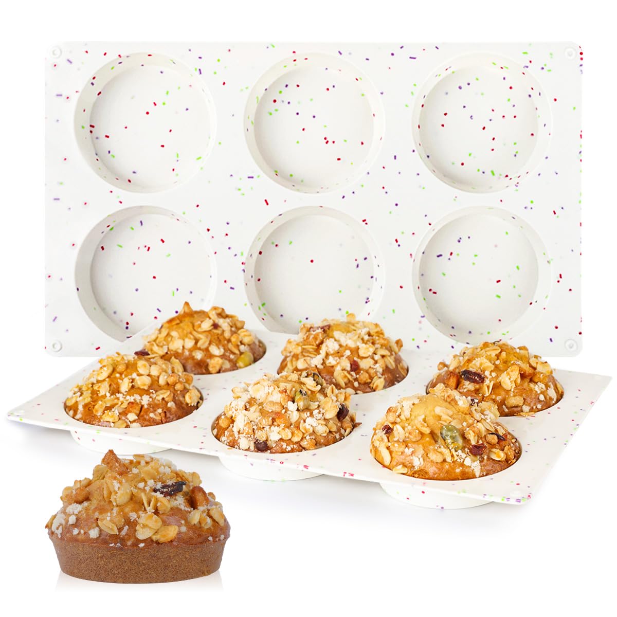 CAKETIME 4 Inch Muffin Top Pan, Silicone Egg Molds for Breakfast Sandwiches Jumbo Round Baking Pan for Oven English muffins, Whoopie Pies, Corn Bread, Egg bites, Tarts 2 Pack Confetti