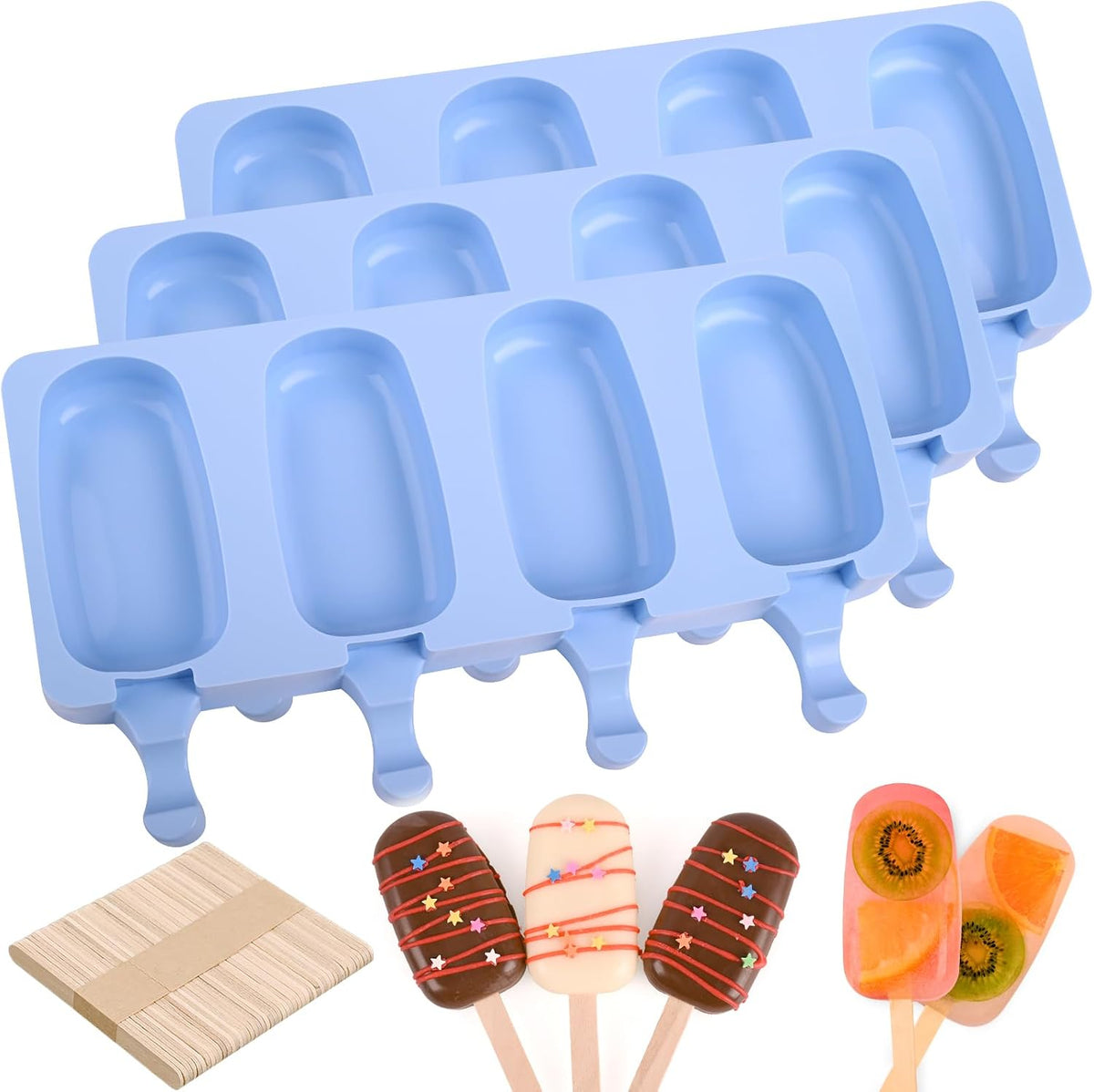 Sakolla 3 Pack 4 Cavity Popsicle Silicone Molds with 100 Pcs Wooden Sticks