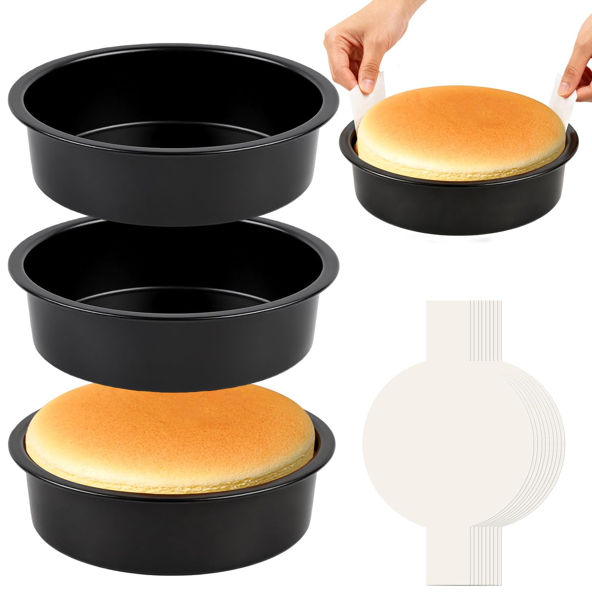 8" Round Cake Pan, 3PCS Nonstick Cake Pans with 100 PCS Parchment Paper, Carbon Steel Cake Baking Pans with Handle, Dishwasher Safe