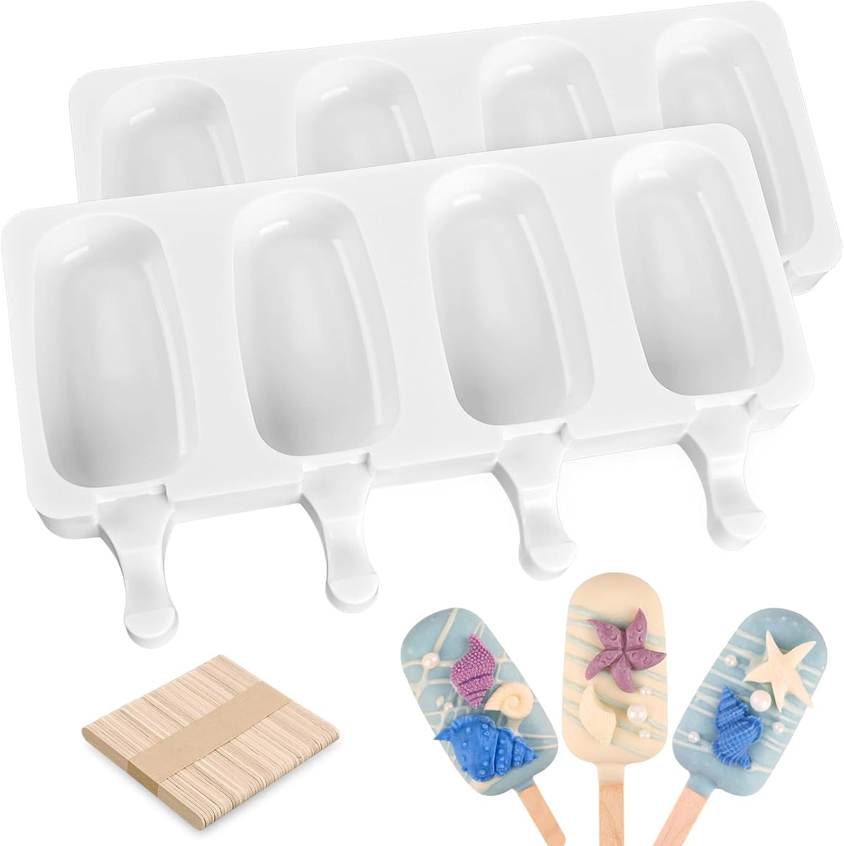 Sakolla 3 Pack 4 Cavity Popsicle Silicone Molds with 100 Pcs Wooden Sticks
