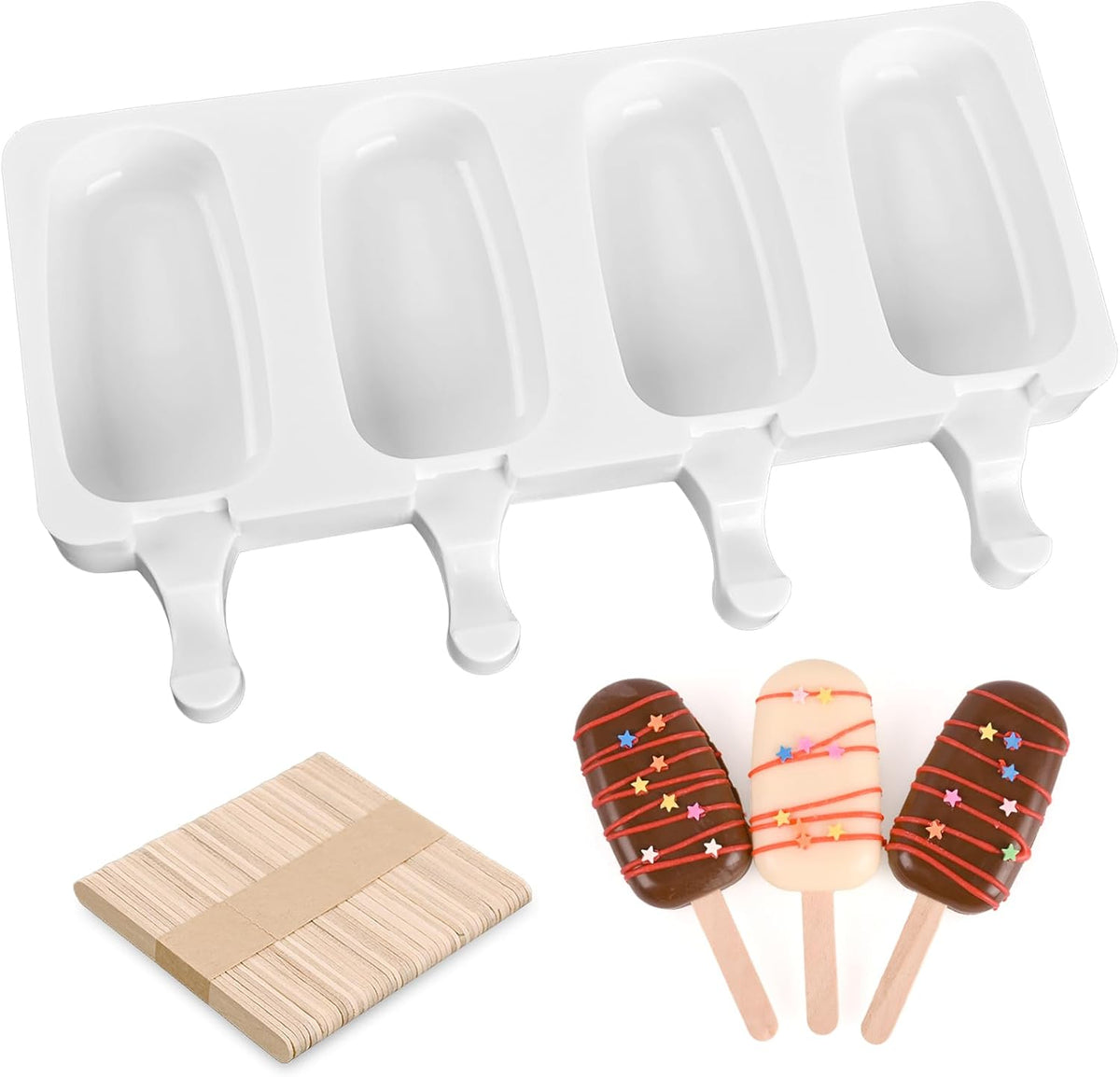 Sakolla 3 Pack 4 Cavity Popsicle Silicone Molds with 100 Pcs Wooden Sticks