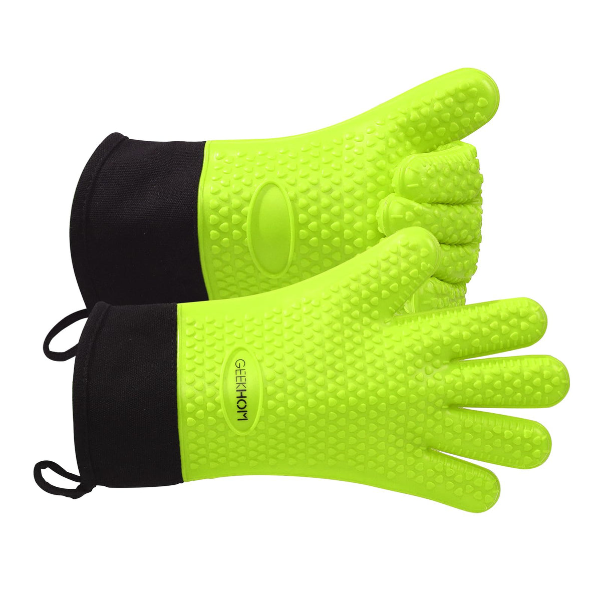 GEEKHOM BBQ Gloves Heat Resistant, 13.7 Inch Long Waterproof Silicone Oven Mitts for Grilling and Smoker, Non-Slip 5 Finger Kitchen Hot Mitts for Baking, Cooking & Cast Iron, Black