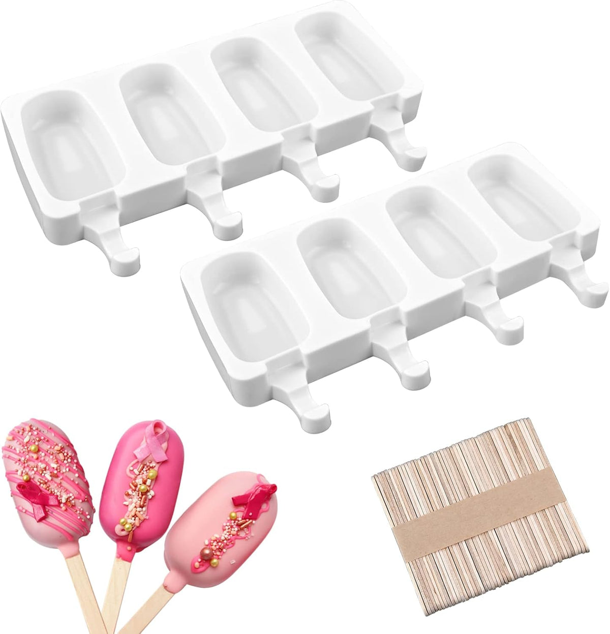 Sakolla 3 Pack 4 Cavity Popsicle Silicone Molds with 100 Pcs Wooden Sticks