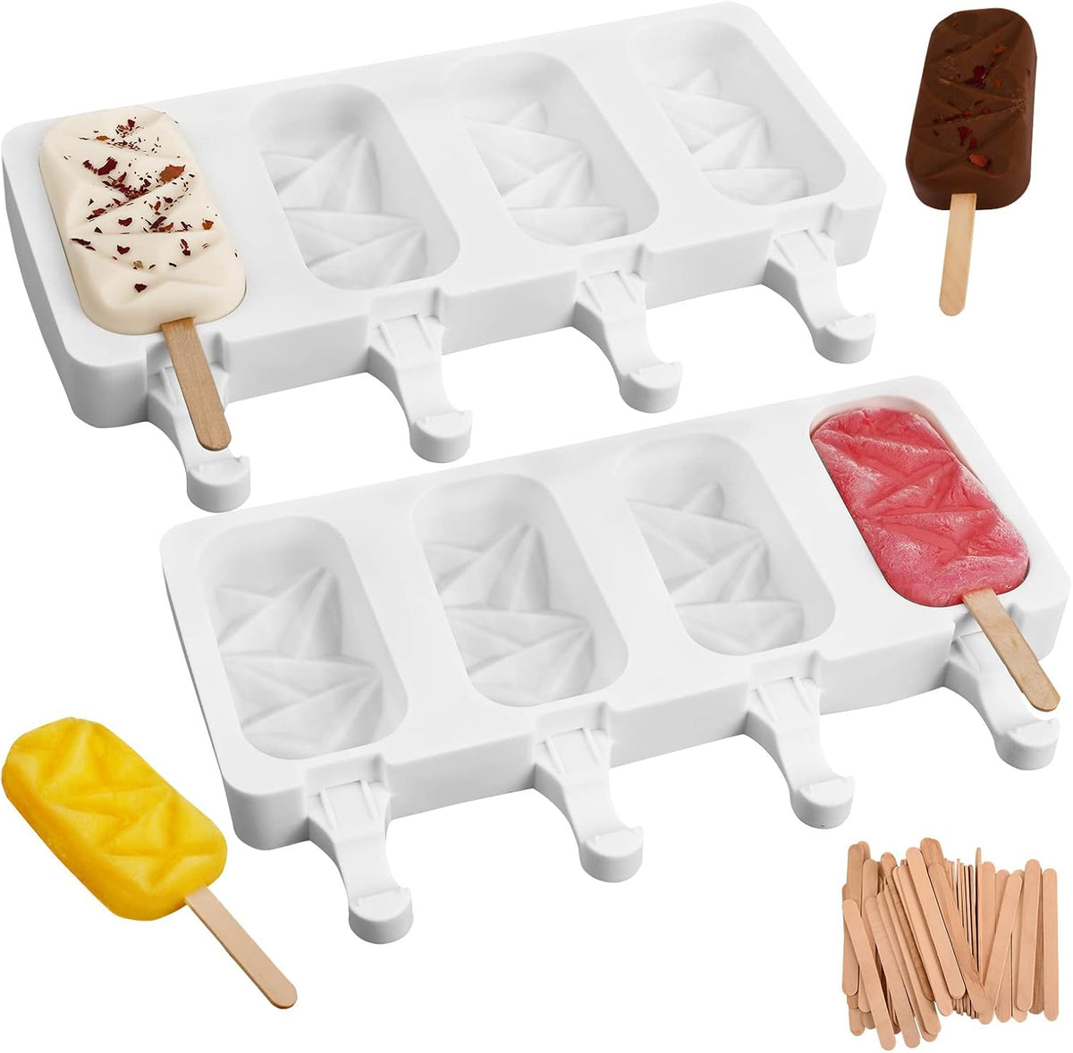 Sakolla 3 Pack 4 Cavity Popsicle Silicone Molds with 100 Pcs Wooden Sticks