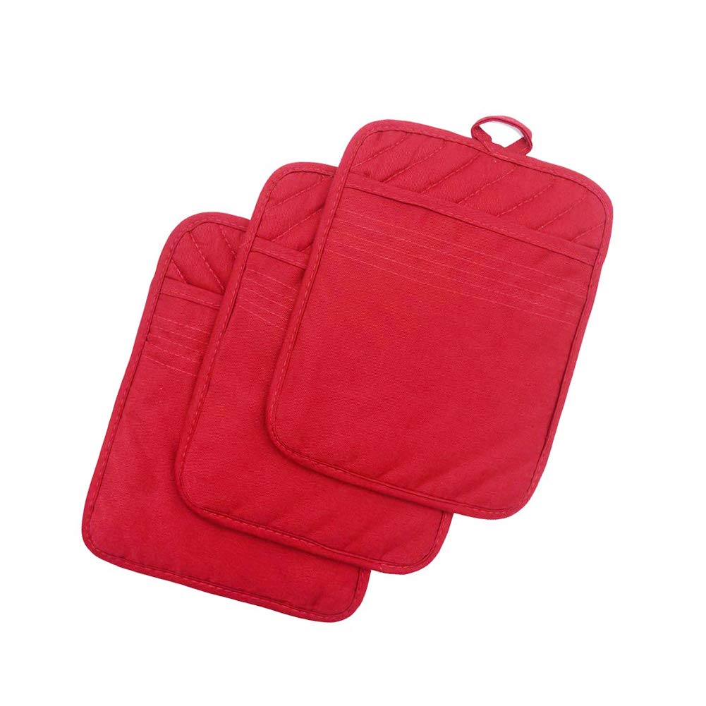 Anyi Pot Holders and Oven Mitts 7" X 9" Heat Resistant Cotton Pocket Pot Holder Set Feature of Non Slip Kitchen Hot Pad Oven Mitts, 3-Pack (Hunter Green)