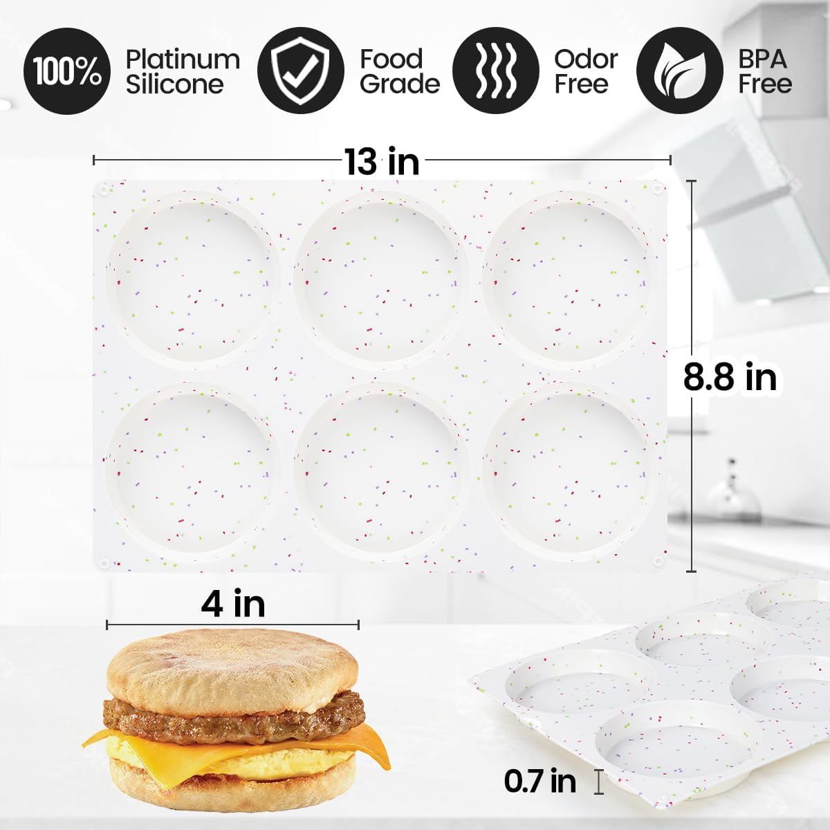 CAKETIME 4 Inch Muffin Top Pan, Silicone Egg Molds for Breakfast Sandwiches Jumbo Round Baking Pan for Oven English muffins, Whoopie Pies, Corn Bread, Egg bites, Tarts 2 Pack Confetti