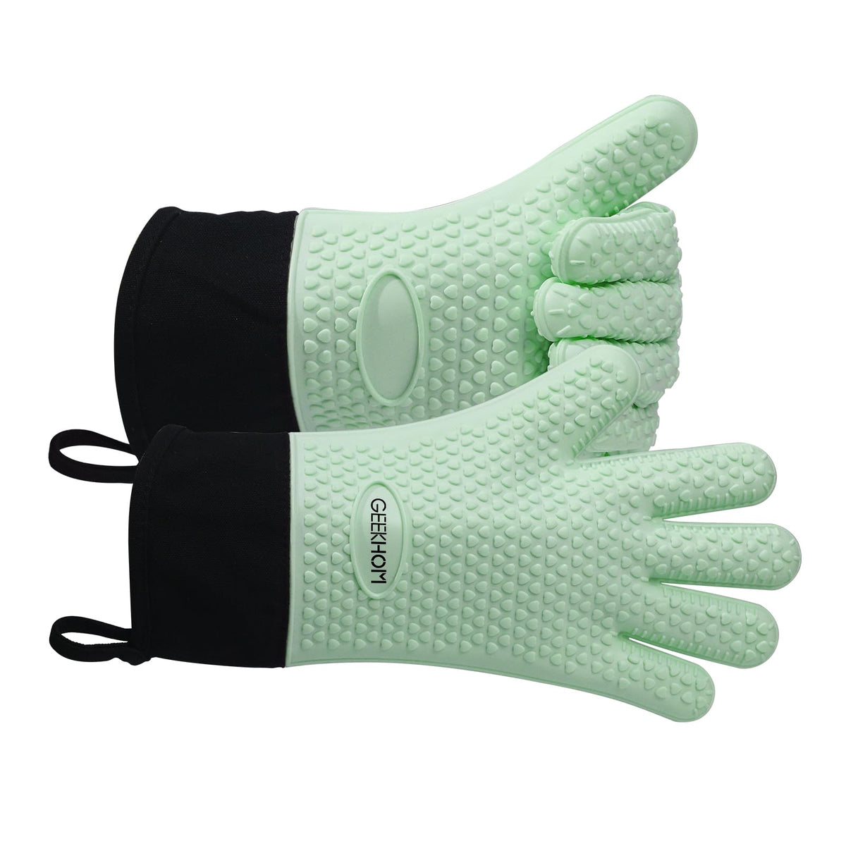 GEEKHOM BBQ Gloves Heat Resistant, 13.7 Inch Long Waterproof Silicone Oven Mitts for Grilling and Smoker, Non-Slip 5 Finger Kitchen Hot Mitts for Baking, Cooking & Cast Iron, Black