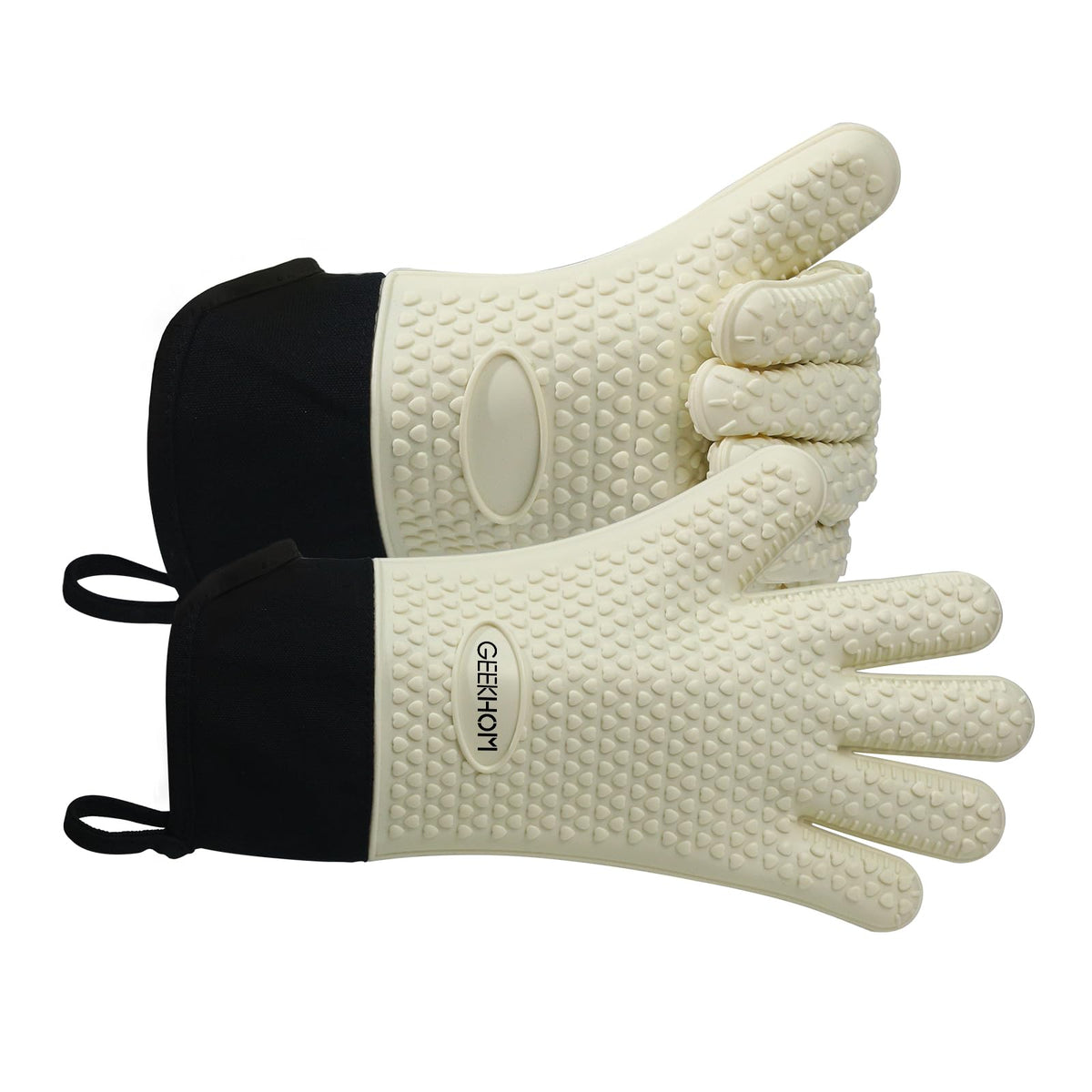 GEEKHOM BBQ Gloves Heat Resistant, 13.7 Inch Long Waterproof Silicone Oven Mitts for Grilling and Smoker, Non-Slip 5 Finger Kitchen Hot Mitts for Baking, Cooking & Cast Iron, Black