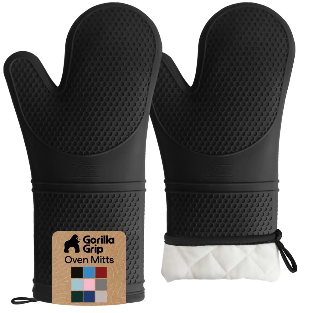GORILLA GRIP Silicone Oven Mitts, 550F Heat Resistant, 12.5x8.3, Black