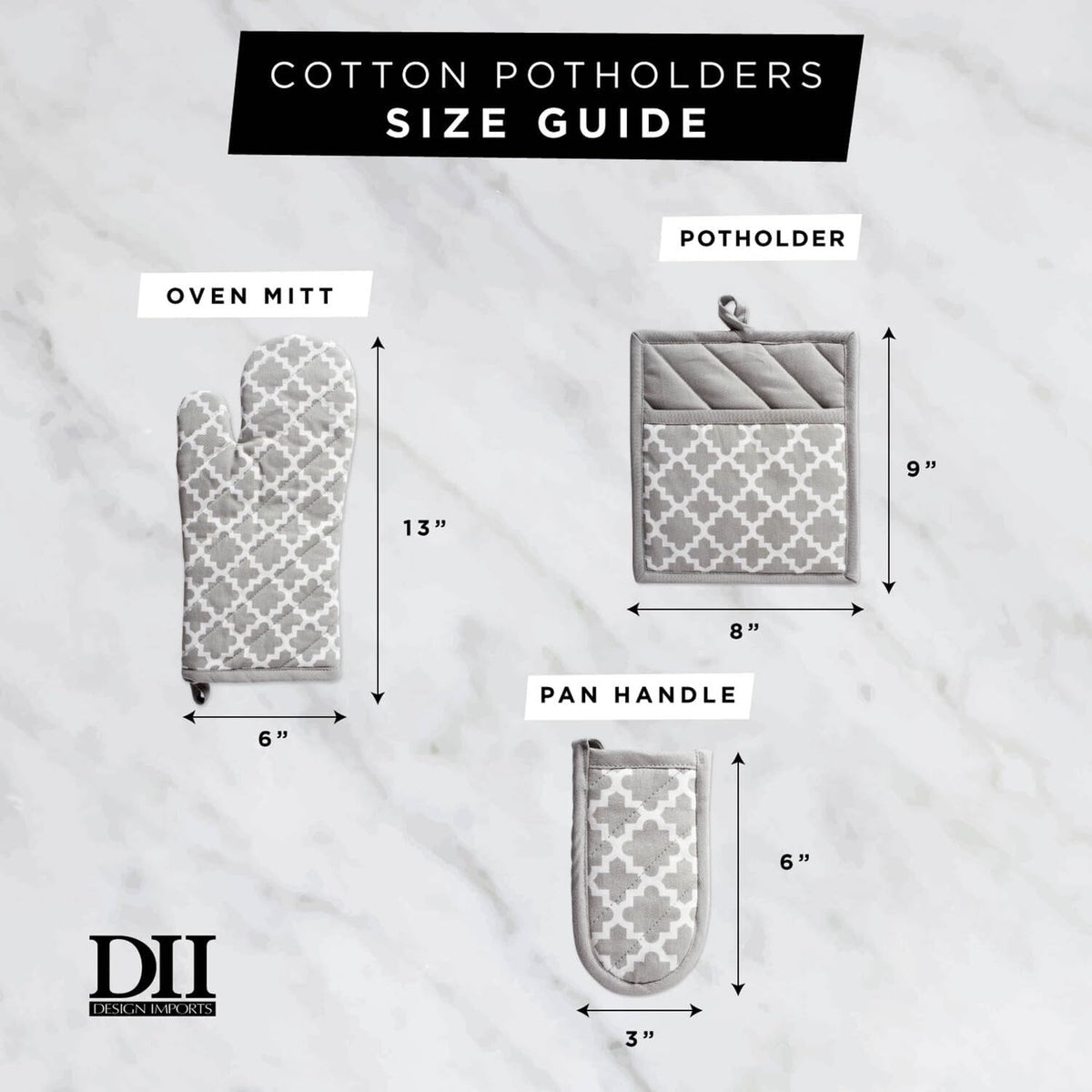 DII Quilted Kitchen Oven Mitt & Potholder Set, Hanging Loop for Convenient Storage, OM 6.5x12/PH 8x8.5, Black Damask Print, 2 Piece