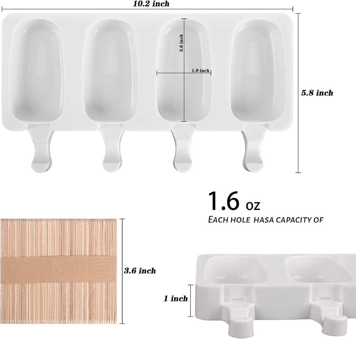 Sakolla 3 Pack 4 Cavity Popsicle Silicone Molds with 100 Pcs Wooden Sticks
