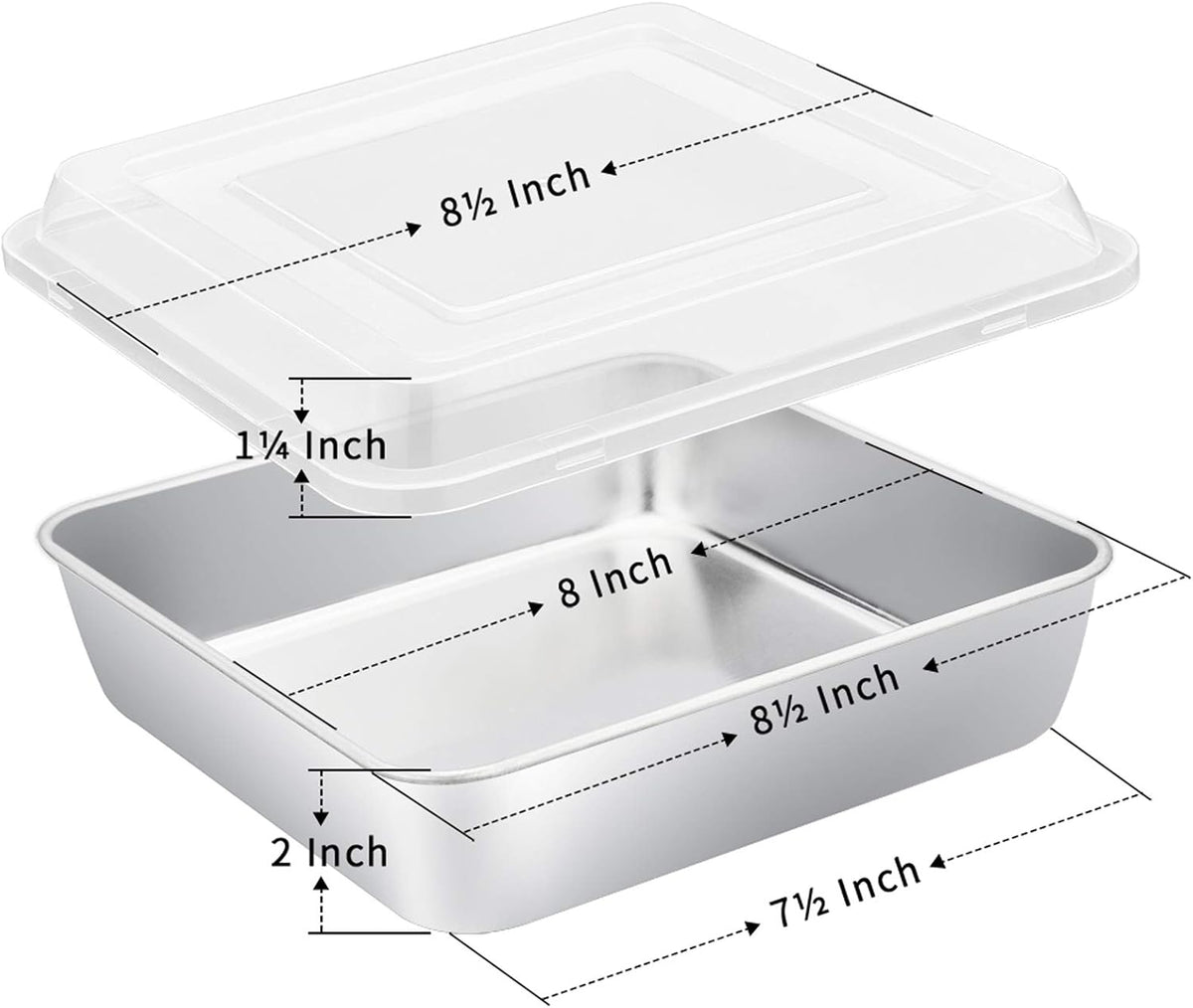 E-far 8 x 8-Inch Baking Pan with lid, Square Cake Brownie Baking Pans Stainless Steel Bakeware Set of 2, Non-toxic & Healthy, Easy Clean & Dishwasher Safe - 4 Pieces(2 Pans + 2 Lids)