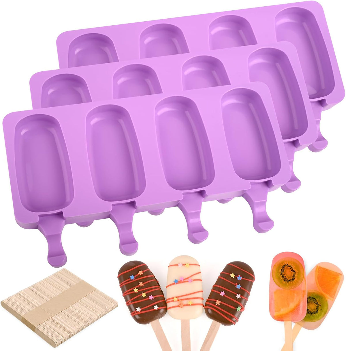 Sakolla 3 Pack 4 Cavity Popsicle Silicone Molds with 100 Pcs Wooden Sticks