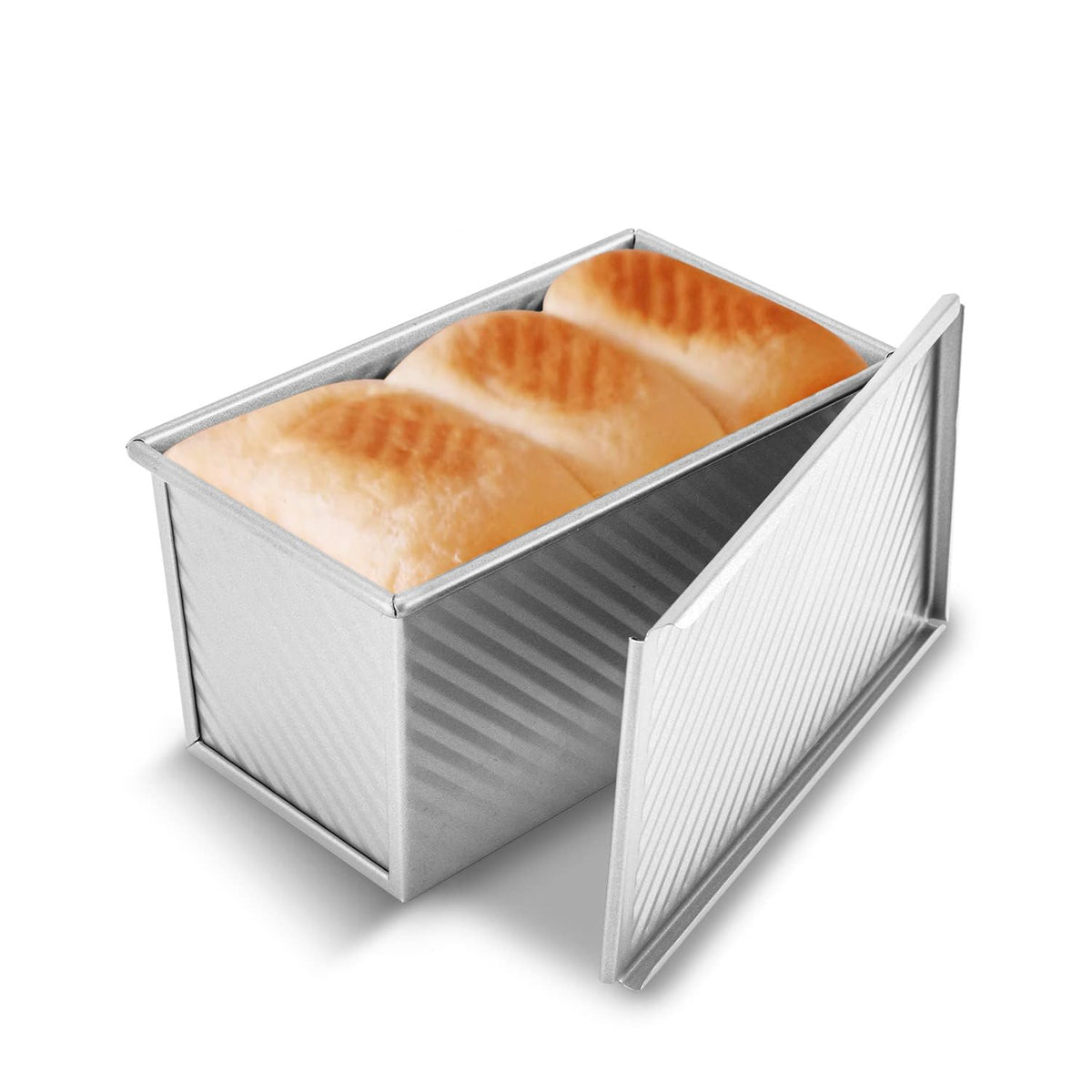 KITESSENSU Pullman Loaf Pan with Lid, 1 lb Dough Capacity Non-Stick Bakeware for Baking Bread, Carbon Steel Corrugated Bread Toast Box Mold with Cover for Baking Bread, Gold