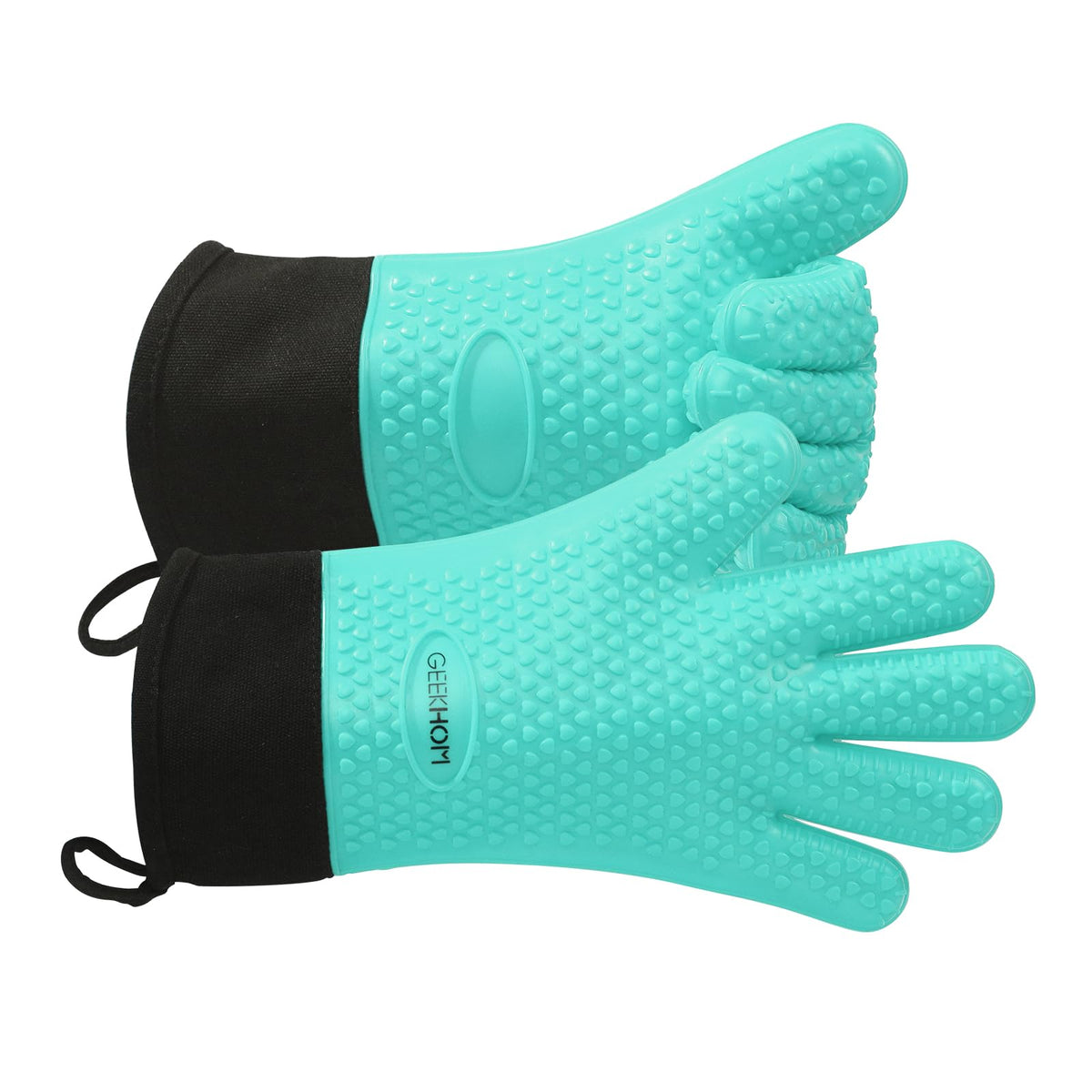 GEEKHOM BBQ Gloves Heat Resistant, 13.7 Inch Long Waterproof Silicone Oven Mitts for Grilling and Smoker, Non-Slip 5 Finger Kitchen Hot Mitts for Baking, Cooking & Cast Iron, Black