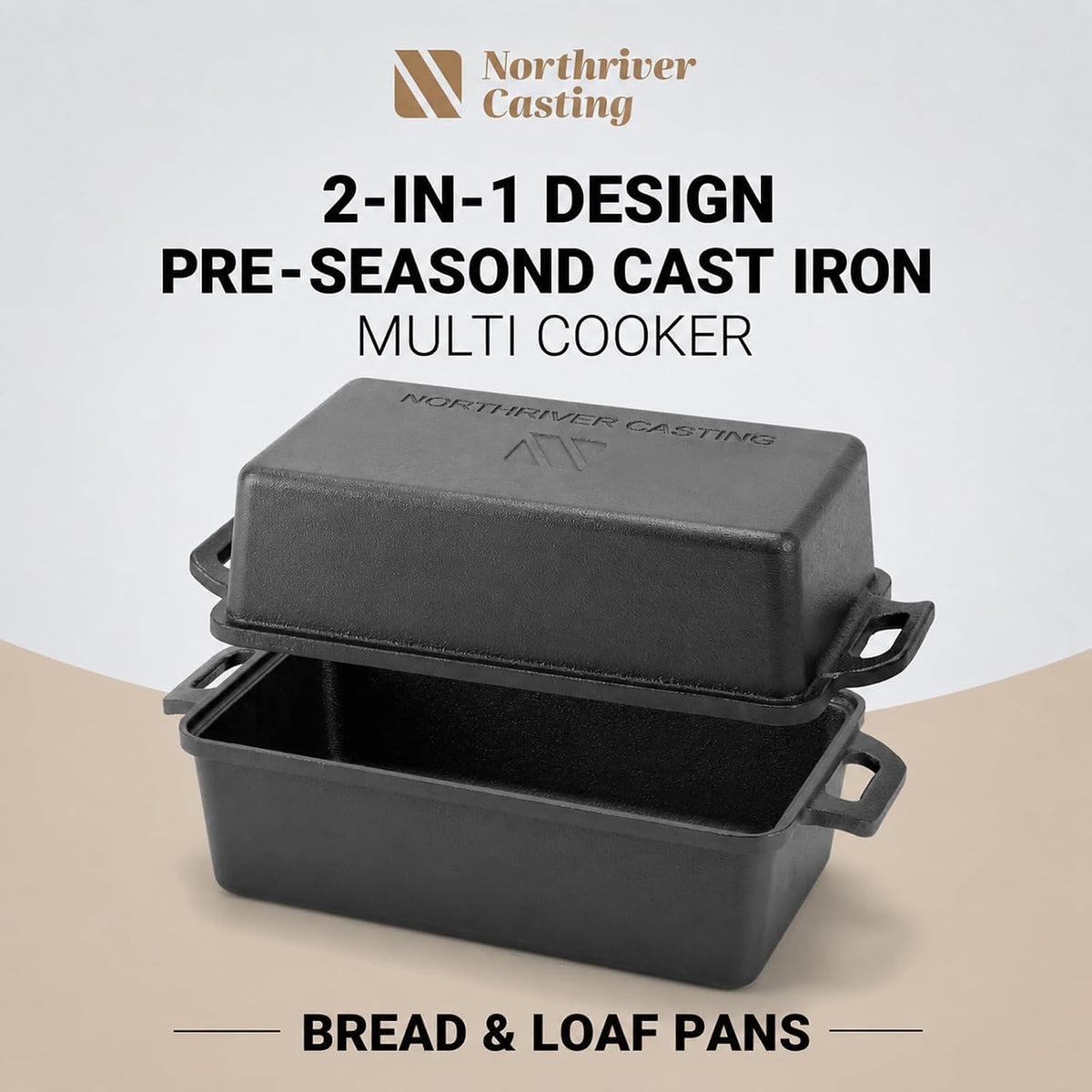 Northriver Casting 9×5 Inch Cast Iron Loaf Pan with Lid | Bread Baking Pan | Even Heat Distribution for Homemade Bread, Cake, and Meatloaf | 2 Piece Set