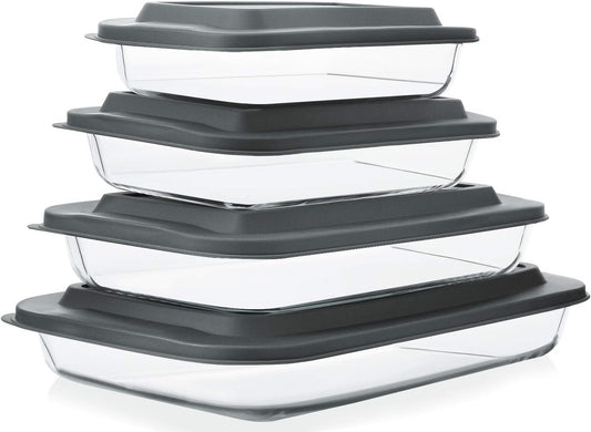 M MCIRCO 8 Piece Deep Glass Baking Dish with Lids, BPA free,Gray