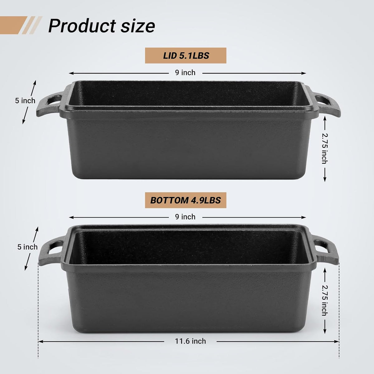 Northriver Casting 9×5 Inch Cast Iron Loaf Pan with Lid | Bread Baking Pan | Even Heat Distribution for Homemade Bread, Cake, and Meatloaf | 2 Piece Set