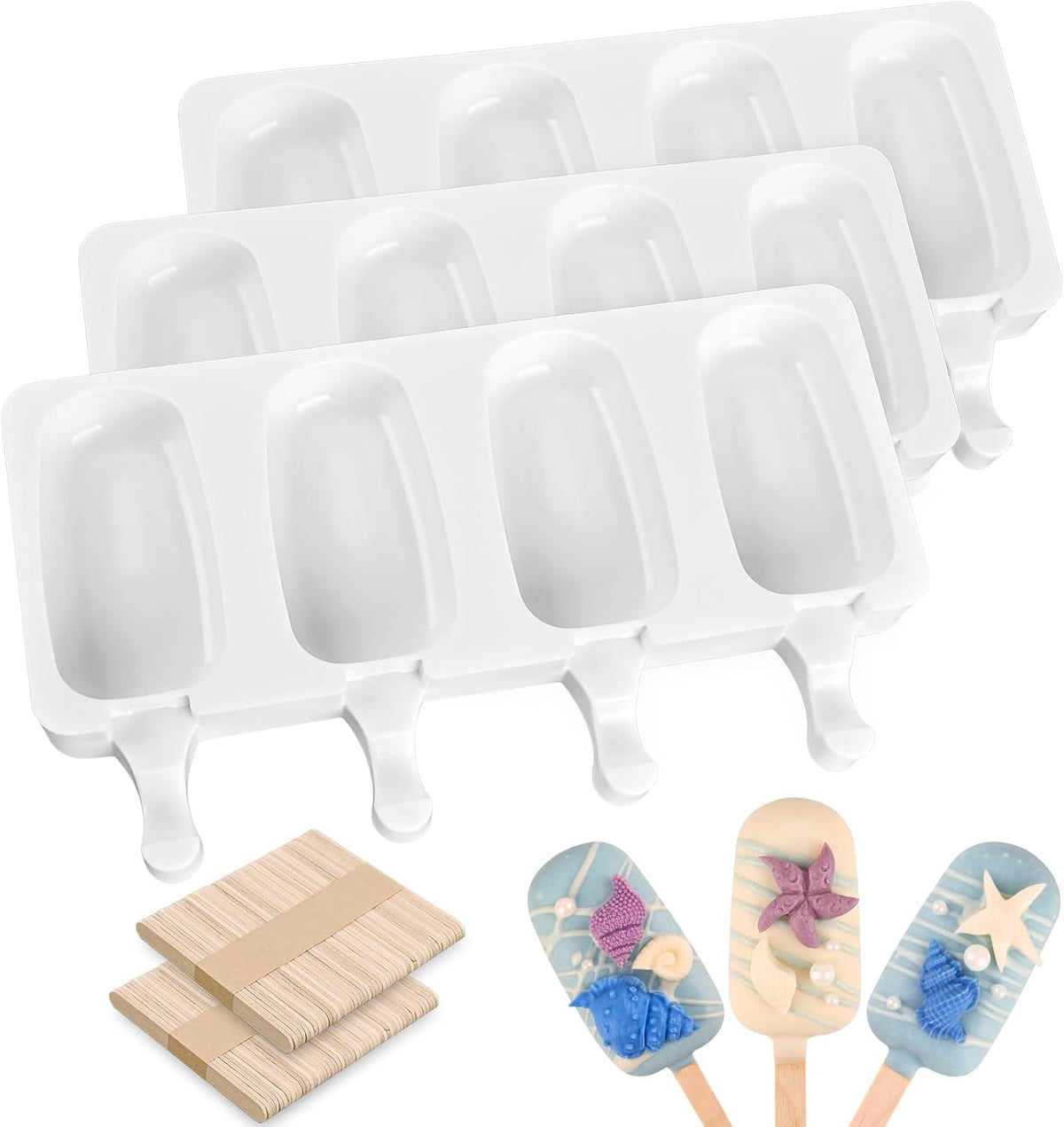 Sakolla 3 Pack 4 Cavity Popsicle Silicone Molds with 100 Pcs Wooden Sticks