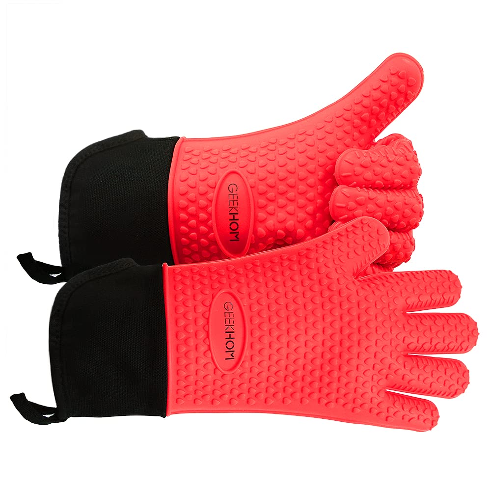 GEEKHOM BBQ Gloves Heat Resistant, 13.7 Inch Long Waterproof Silicone Oven Mitts for Grilling and Smoker, Non-Slip 5 Finger Kitchen Hot Mitts for Baking, Cooking & Cast Iron, Black