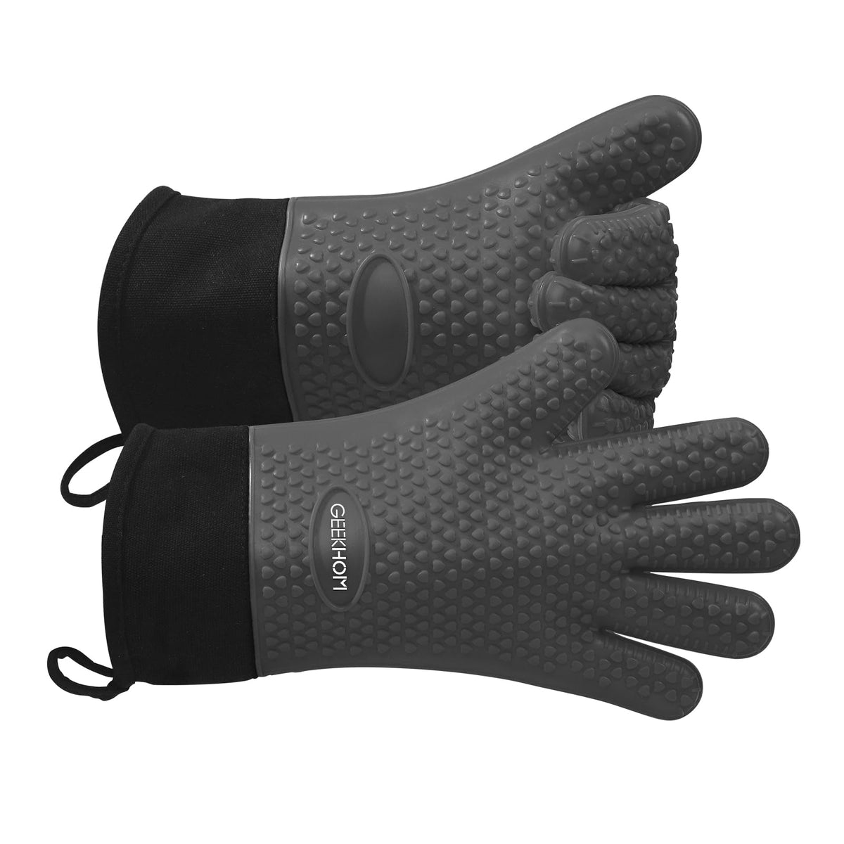GEEKHOM BBQ Gloves Heat Resistant, 13.7 Inch Long Waterproof Silicone Oven Mitts for Grilling and Smoker, Non-Slip 5 Finger Kitchen Hot Mitts for Baking, Cooking & Cast Iron, Black