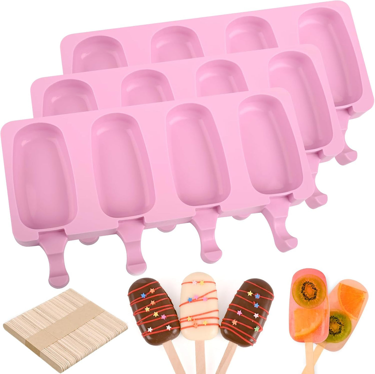 Sakolla 3 Pack 4 Cavity Popsicle Silicone Molds with 100 Pcs Wooden Sticks