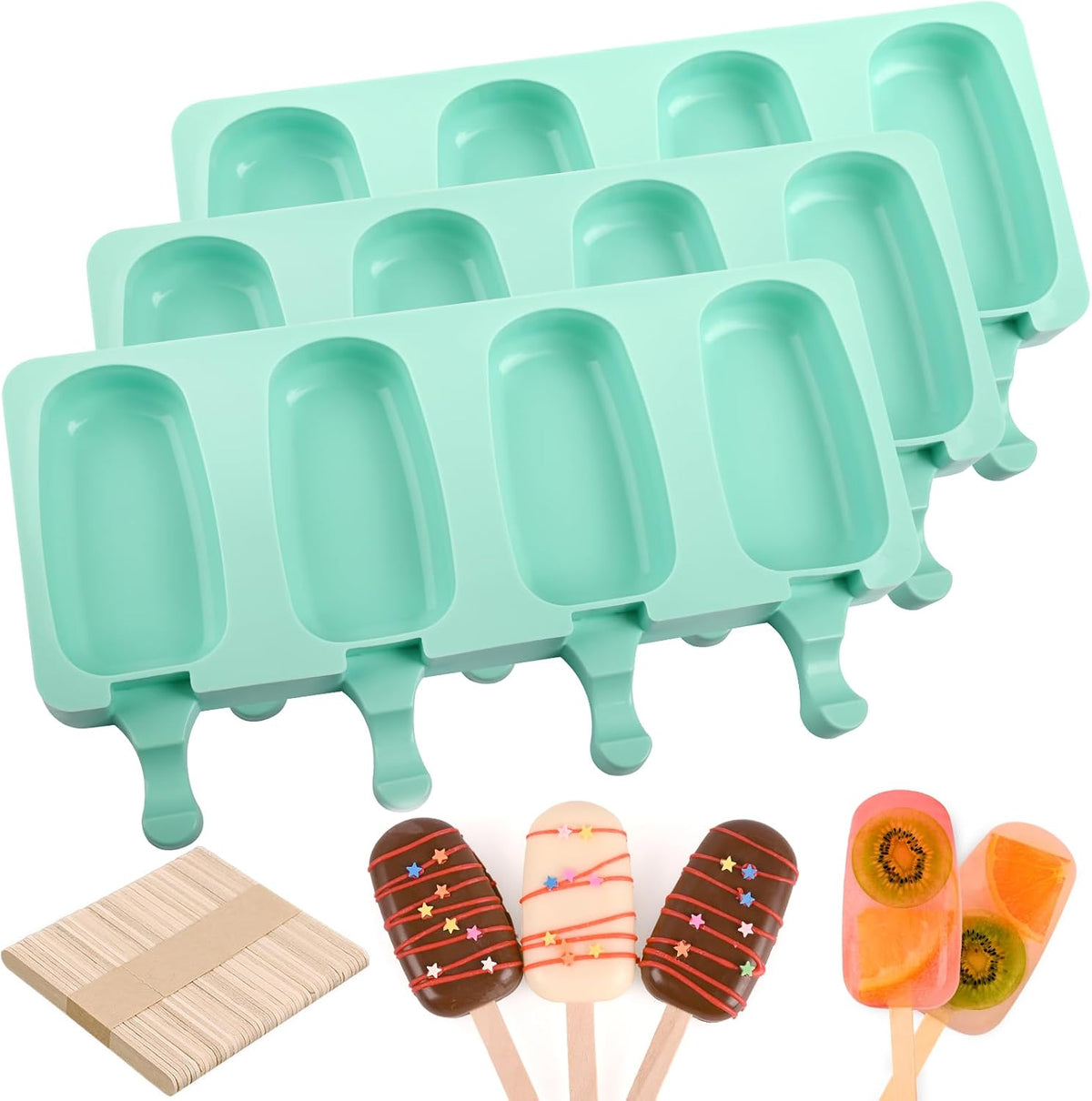 Sakolla 3 Pack 4 Cavity Popsicle Silicone Molds with 100 Pcs Wooden Sticks