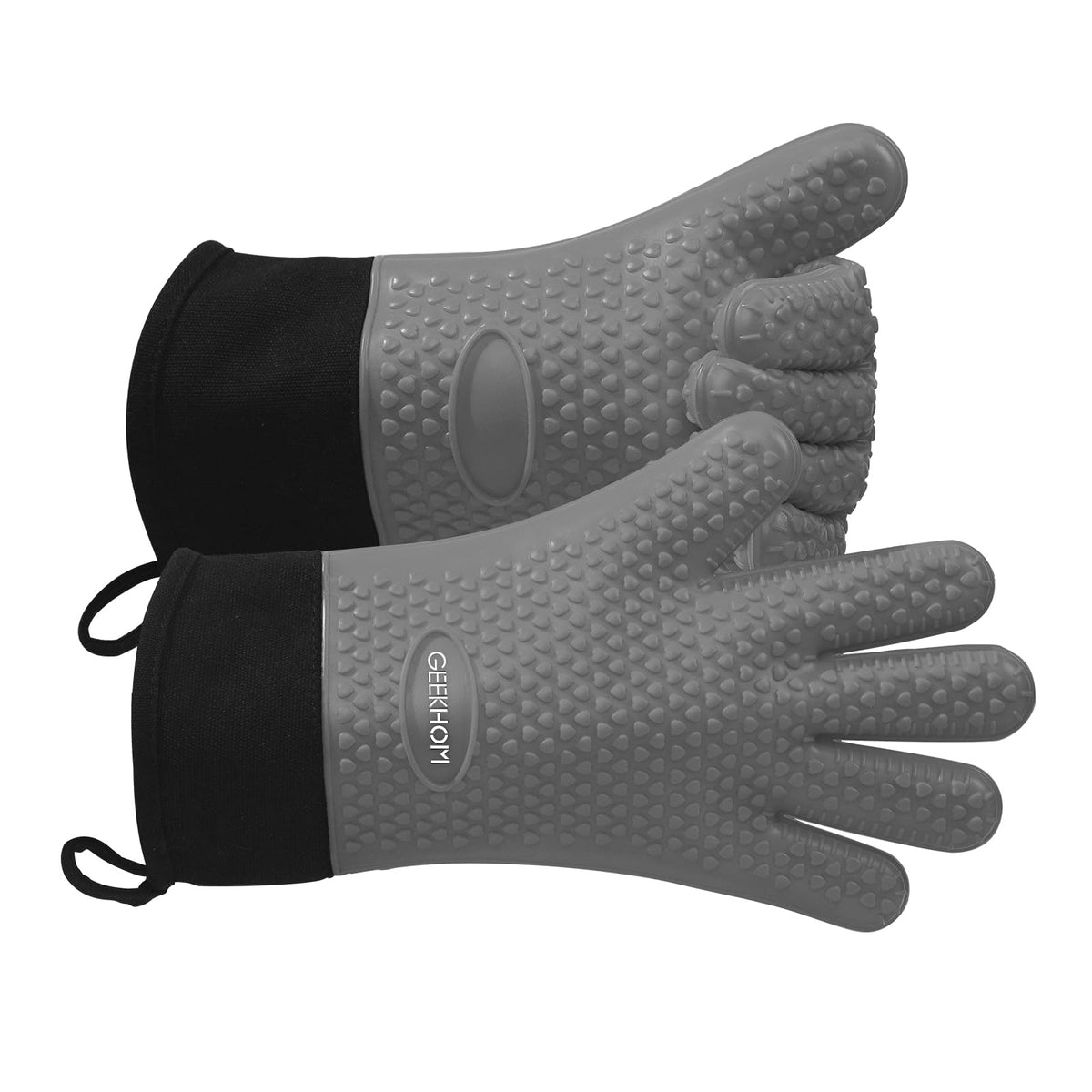 GEEKHOM BBQ Gloves Heat Resistant, 13.7 Inch Long Waterproof Silicone Oven Mitts for Grilling and Smoker, Non-Slip 5 Finger Kitchen Hot Mitts for Baking, Cooking & Cast Iron, Black