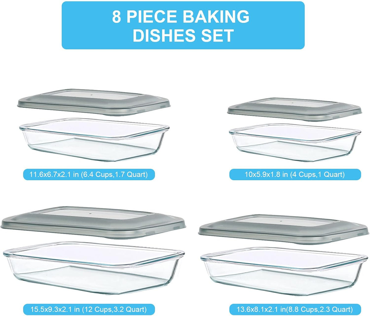 KOMUEE 8 Pieces Glass Baking Dish with Lids, Gray