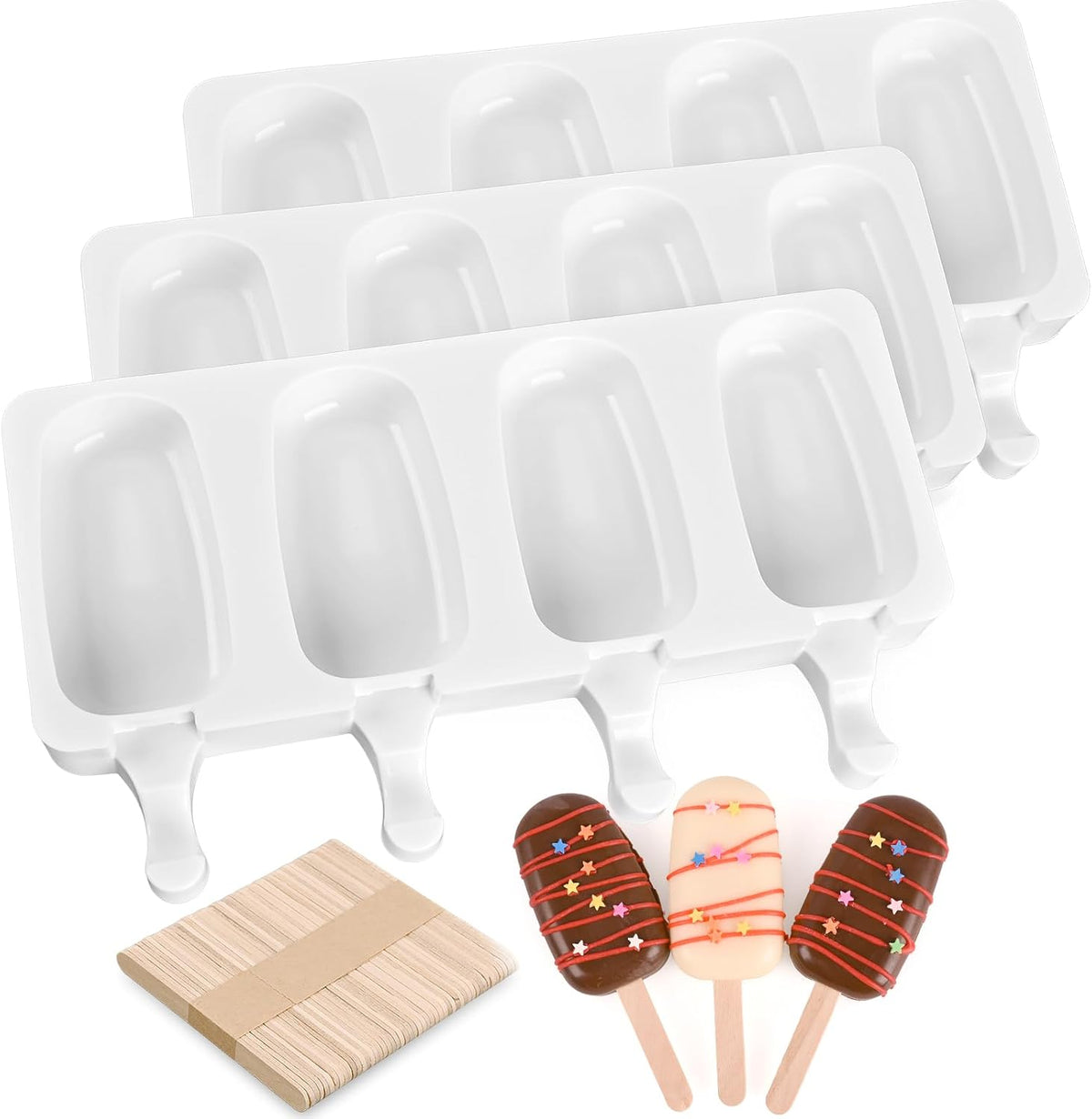Sakolla 3 Pack 4 Cavity Popsicle Silicone Molds with 100 Pcs Wooden Sticks