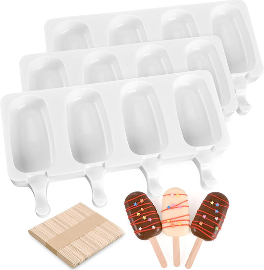 Sakolla 3 Pack 4 Cavity Popsicle Silicone Molds with 100 Pcs Wooden Sticks