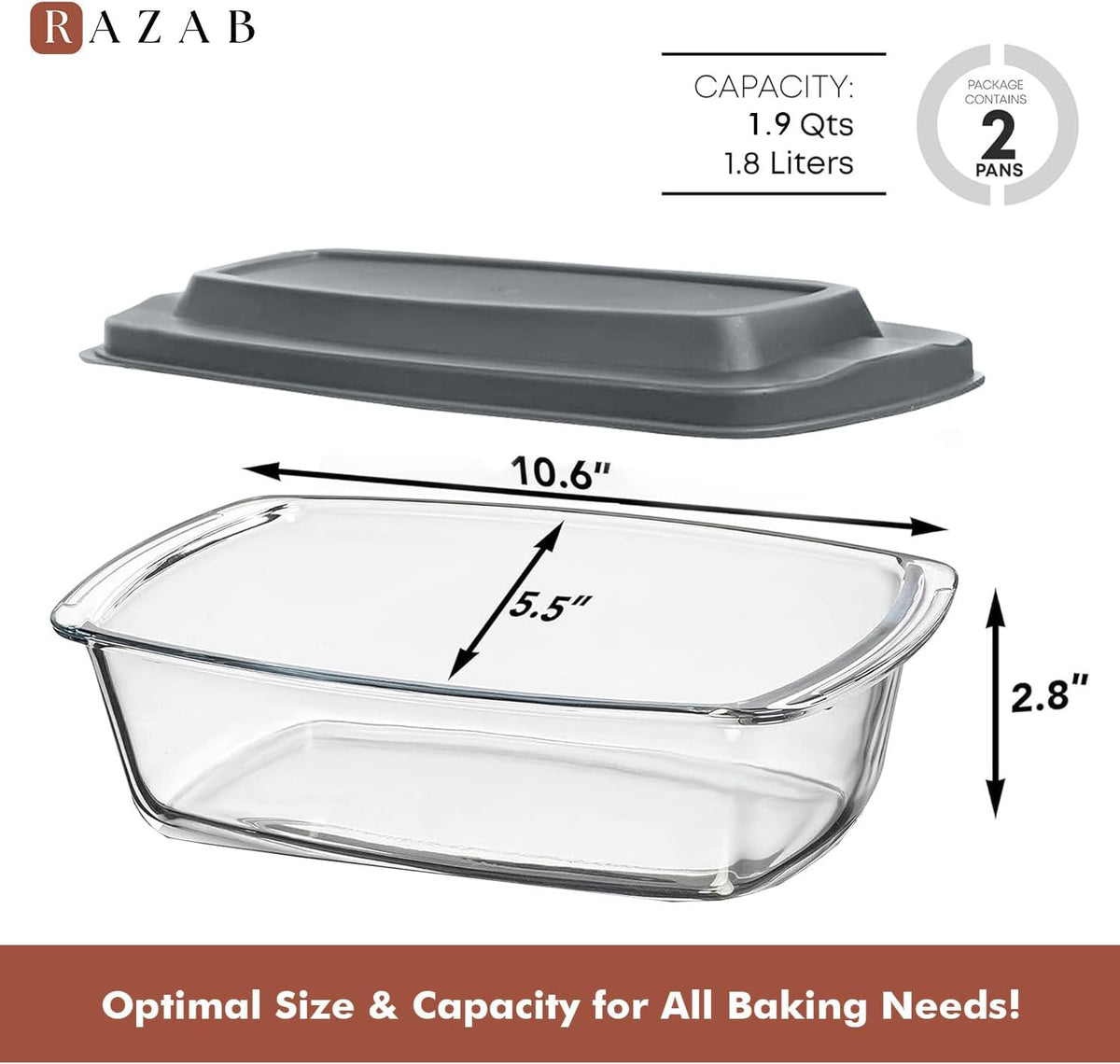 Razab (2 Pack Large 7.6 Cups / 1800 Ml / 1.9 Qt Glass Loaf Pans with Lids