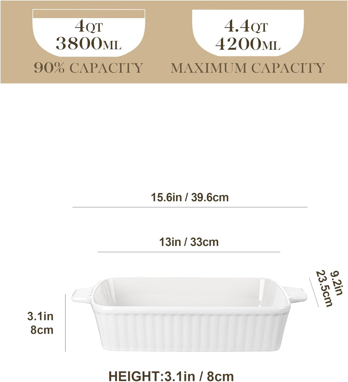 MALACASA 4.4QT Ceramic Casserole Dishes for Oven, 9x13 Baking Dishes, White