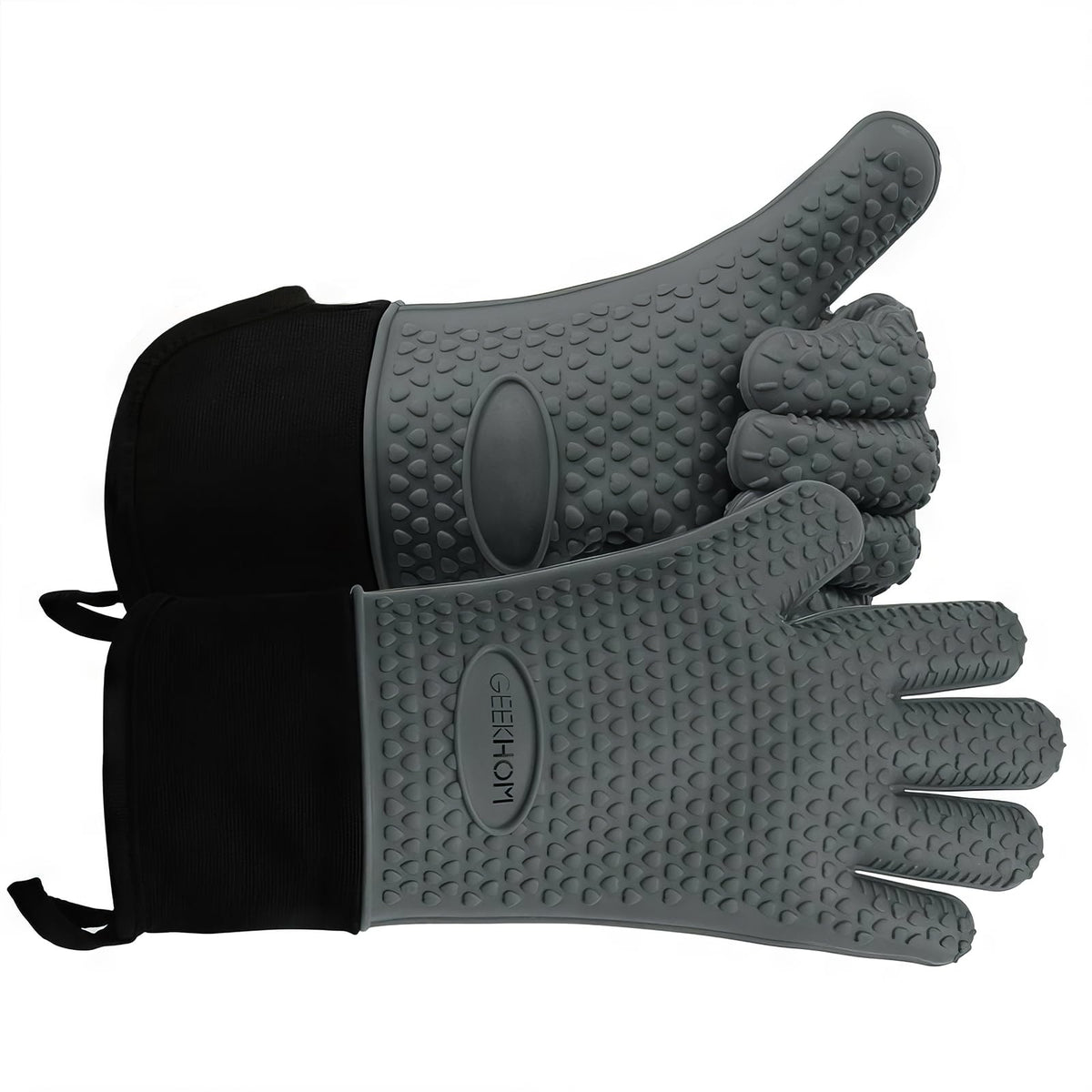 GEEKHOM BBQ Gloves Heat Resistant, 13.7 Inch Long Waterproof Silicone Oven Mitts for Grilling and Smoker, Non-Slip 5 Finger Kitchen Hot Mitts for Baking, Cooking & Cast Iron, Black
