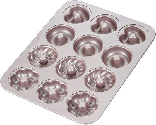 CHEFMADE Donut Mold Cake Pan, 12-Cavity Non-Stick Pattern Doughnut Bakeware for Oven Baking (Champagne Gold)