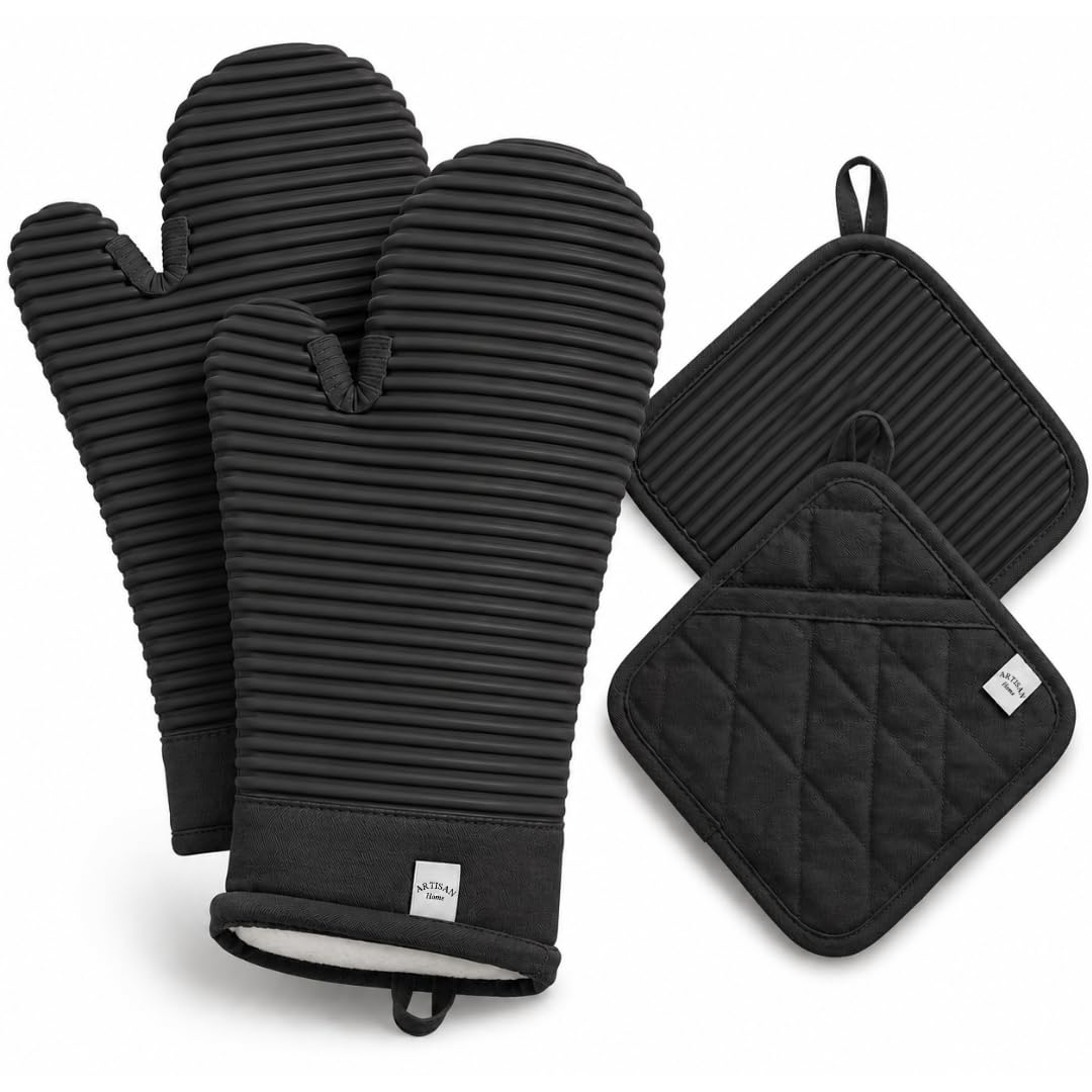 Extra Long Silicone Oven Mitts and Pot Holders Sets | Heat Resistant 500°F BPA-Free Food Grade Silicone Hot Pads & Kitchen Mittens | 4-Piece Set of Oven Gloves & Potholders for Kitchens.