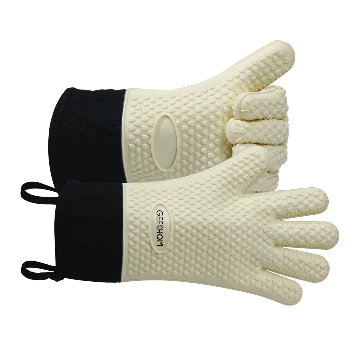 GEEKHOM BBQ Gloves Heat Resistant, 13.7 Inch Long Waterproof Silicone Oven Mitts for Grilling and Smoker, Non-Slip 5 Finger Kitchen Hot Mitts for Baking, Cooking & Cast Iron, Black
