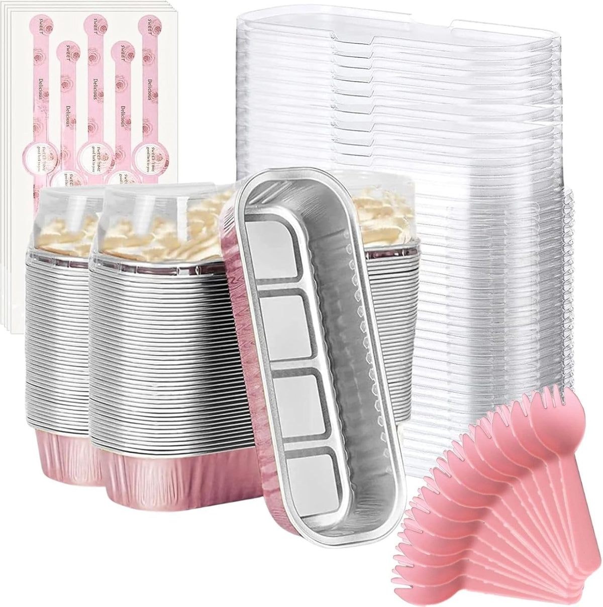 Findful Mini Loaf Baking Pans with Lids and Spoons (50 Pack, 6.8oz) Rectangle Aluminum Foil Baking Pans Tins Containers - Cupcake Containers Wrappers Cheesecake Creme Brulee Ramekins