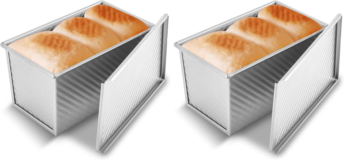 KITESSENSU Pullman Loaf Pan with Lid, 1 lb Dough Capacity Non-Stick Bakeware for Baking Bread, Carbon Steel Corrugated Bread Toast Box Mold with Cover for Baking Bread, Gold