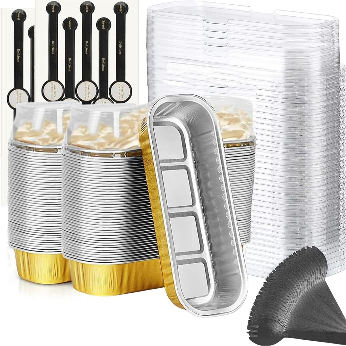 Findful Mini Loaf Baking Pans with Lids and Spoons (50 Pack, 6.8oz) Rectangle Aluminum Foil Baking Pans Tins Containers - Cupcake Containers Wrappers Cheesecake Creme Brulee Ramekins